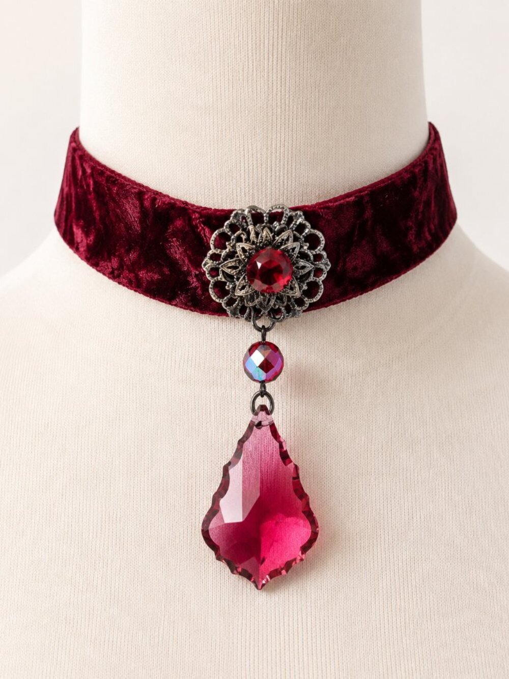 Vogline Paris Red Velvet Swarovski Crystal Teardrop Choker Made in France